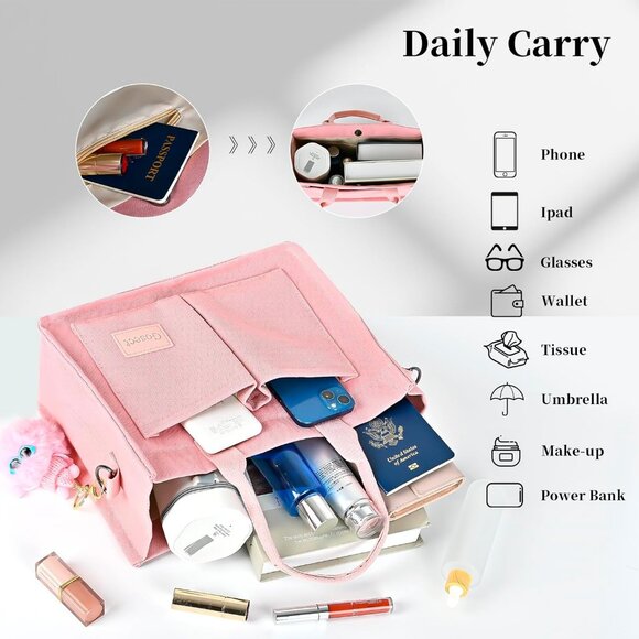 High-Quality Pink Canvas Handbag with Adjustable Straps and Multiple Pockets - Picture 3 of 6